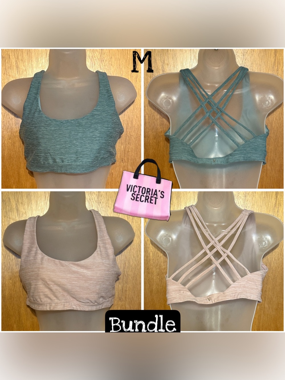 Victoria's Secret Sports Bra Bundle - Heather Sage Green & Heather Light Pink M